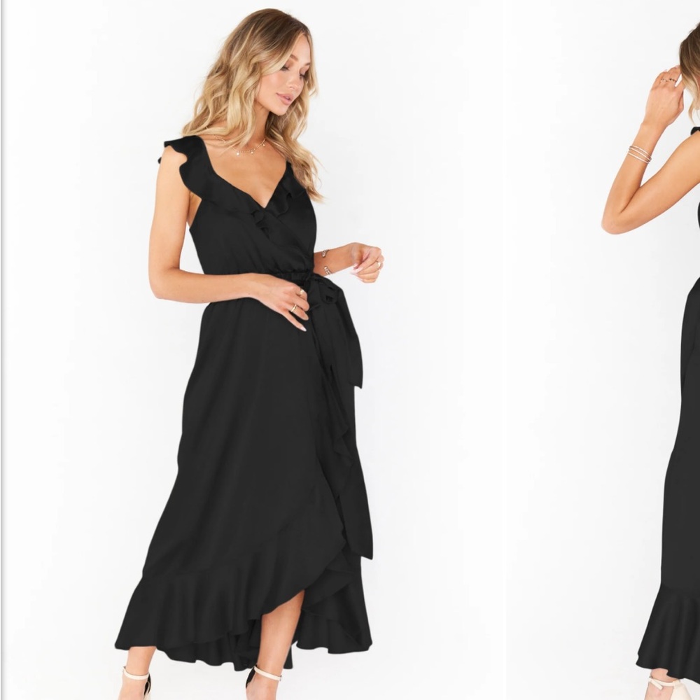 NWT Show Me Your Mumu Samantha Ruffle Wrap Dress in Black Luxe Satin